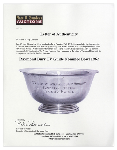 ''Perry Mason'' TV Guide Award Nomination Bowl From 1962 -- Personally Owned by Raymond Burr