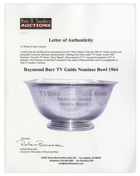''Perry Mason'' TV Guide Award Nomination Bowl From 1964 -- Personally Owned by Raymond Burr