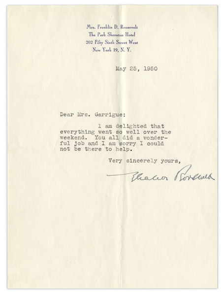 Eleanor Roosevelt Typed Letter Signed -- on ''Mrs. Franklin D. Roosevelt'' Stationery
