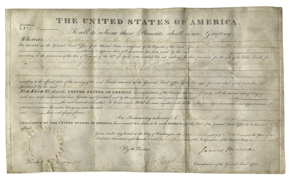 James Monroe Land Grant Signed as President in 1823