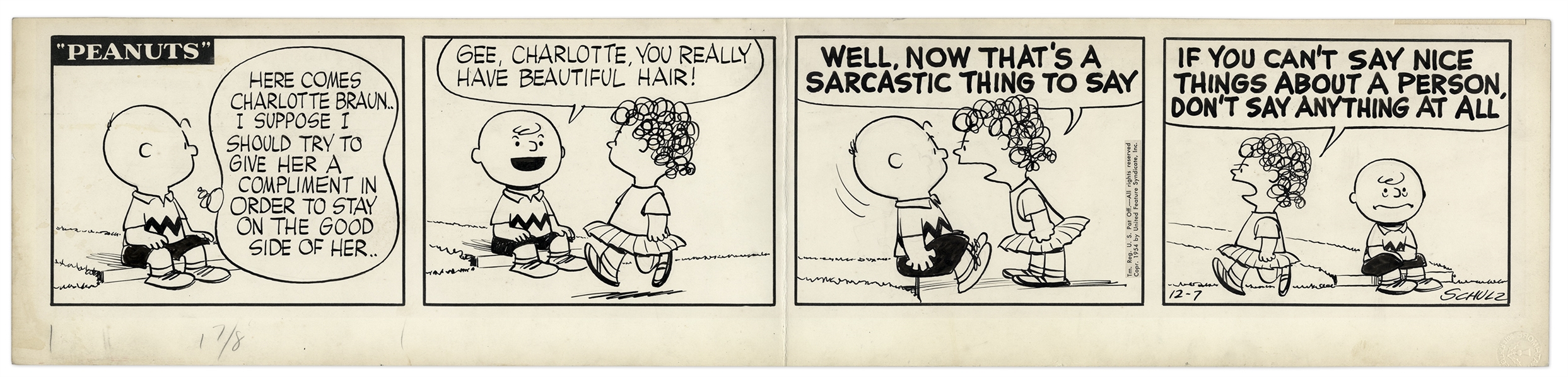 Charles Schulz Hand-Drawn ''Peanuts'' Comic Strip From 1954 Featuring Charlotte Braun & Charlie Brown -- Charlotte Appears in Only 10 Strips