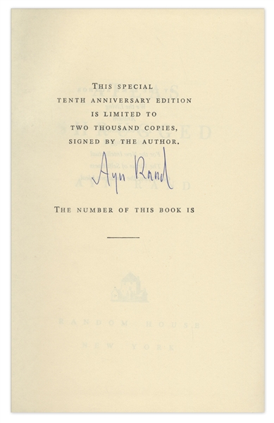 Ayn Rand Signed ''Atlas Shrugged'' -- Special 10th Anniversary Edition Limited to 2,000 -- With Rare Slipcase & Dustjacket in Unusually Good Condition