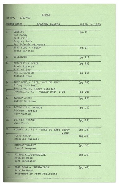 Script for the 1969 Academy Awards -- With Dialogue of Presenters, Call Sheets & Award Recipients
