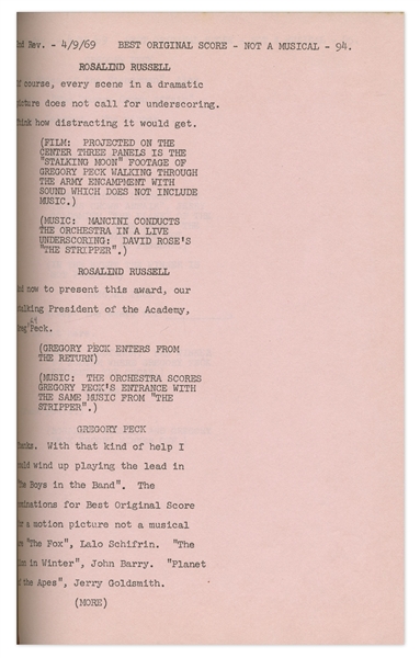 Script for the 1969 Academy Awards -- With Dialogue of Presenters, Call Sheets & Award Recipients
