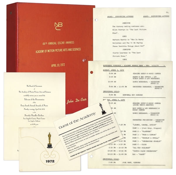 Complete First Draft Production Script and Invitation to the 1972 Academy Awards -- Rare Internal Script & Ticket From the Event's Art Director