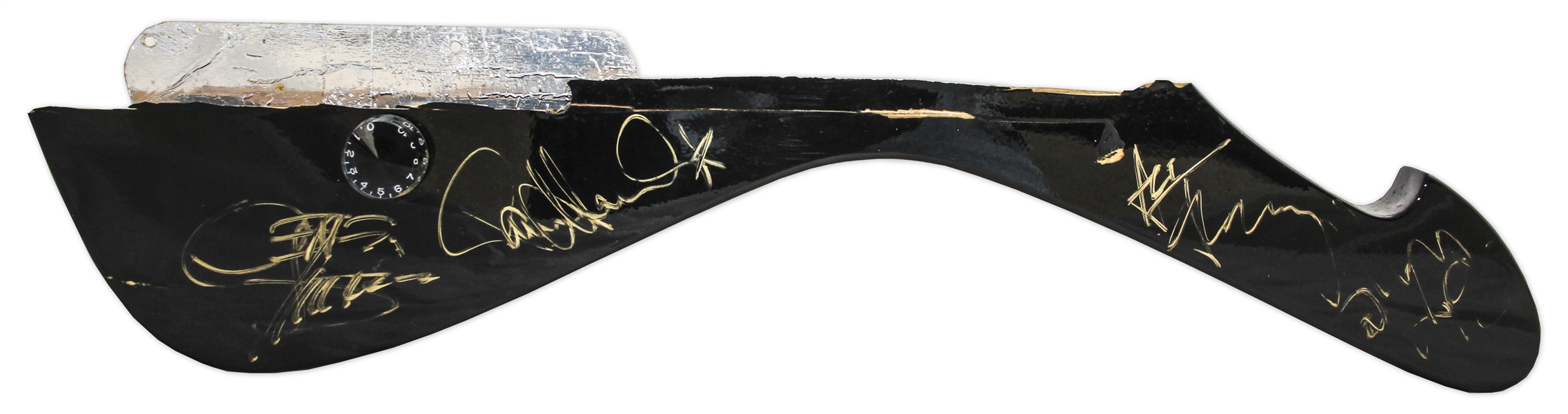 KISS Concert-Used Guitar Piece Signed by All Four Original Members -- Also With Gene Simmons Costume Stud