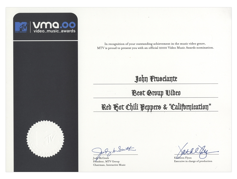 Red Hot Chili Peppers MTV Nomination Certificate for the Video Music Awards -- Best Group Video for ''Californication''
