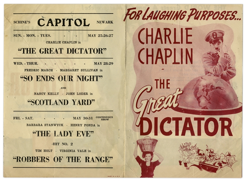 Charlie Chaplin ''The Great Dictator'' Handbill -- From the Iconic 1940 Comedy