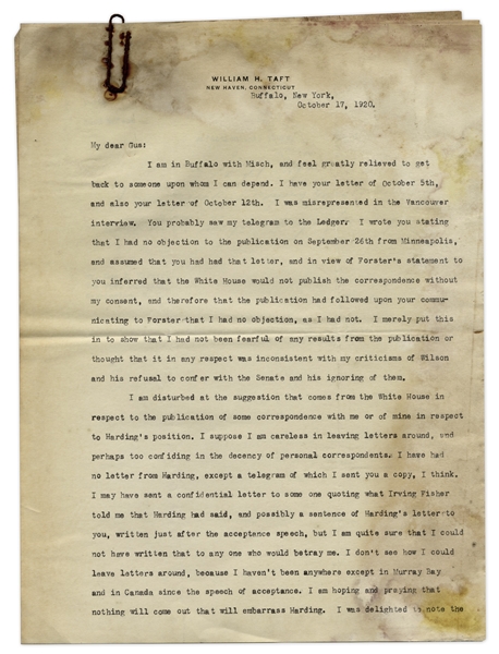 William Taft Letter With Superb Content -- ''...I could not have written that to any one who would betray me...I am hoping and praying that nothing will come out that will embarrass Harding...''