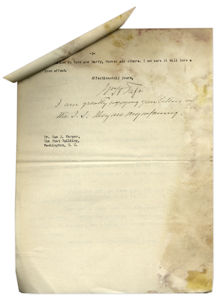 William Taft Letter With Superb Content -- ''...I could not have written that to any one who would betray me...I am hoping and praying that nothing will come out that will embarrass Harding...''