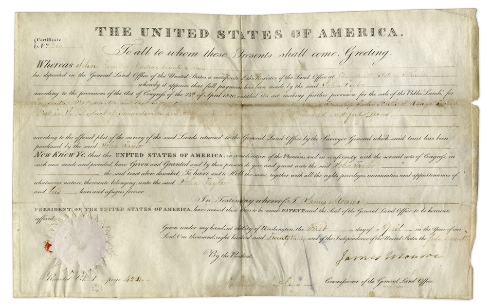 President James Monroe Signed 1823 Land Grant