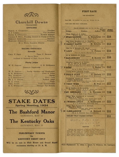 1934 Kentucky Derby Racing Program