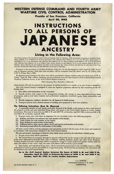 1942 WWII Japanese Evacuation Poster -- For Japanese Residents of San Francisco