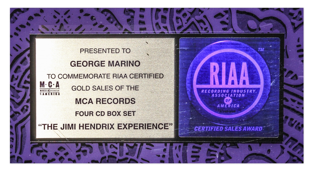 ''The Jimi Hendrix Experience'' Gold Record Award -- From George Marino estate.