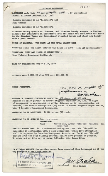 Bill Graham Twice-Signed Contract for a 1969 Cream Concert -- Countersigned by Iconic Manager Robert Stigwood