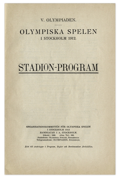 1912 Summer Olympics Program -- Held in Stockholm