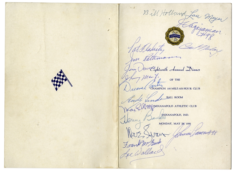 ''100 Mile an Hour Club'' Dinner Menu From 1956 Signed by 14 Legendary Drivers Including Lou Meyer, Bill Holland, Lee Wallard and Johnnie Parsons -- With Motor Speedway Entrance Passes