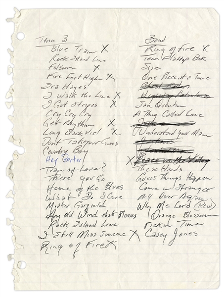 Johnny Cash Handwritten Set List from Mid 1990's -- Includes ''Ring of Fire'', ''I Walk the Line'', ''Hey Porter'' and ''Casey Jones'' -- With Sotheby's Provenance
