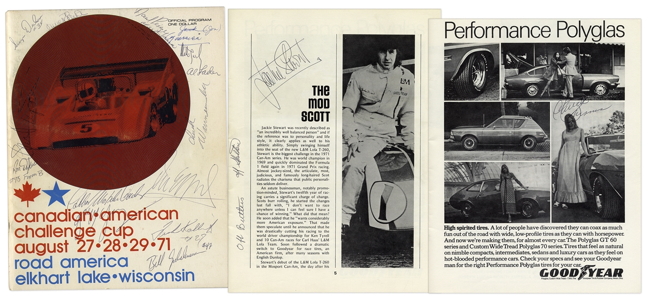 Vintage 1971 Road America Program Signed by Jackie Stewart -- Also Signed by Ron Dykes, Vic Elford & Many More