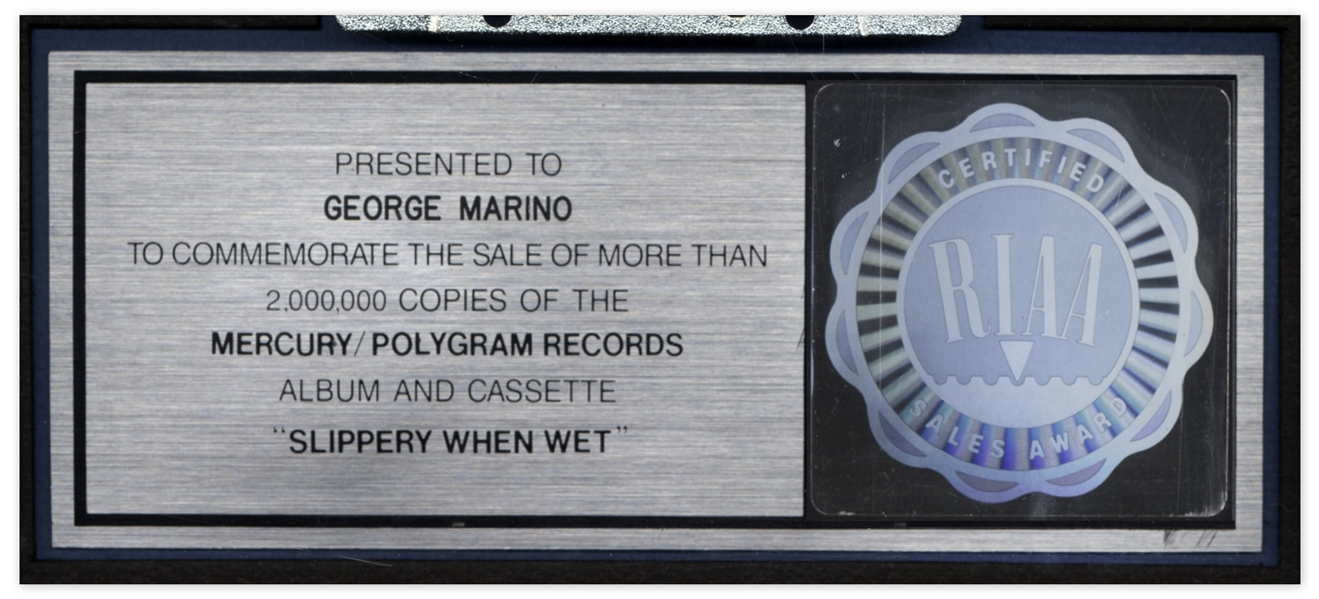 Bon Jovi RIAA Multi-Platinum Record Award for ''Slippery When Wet'' -- From George Marino Estate