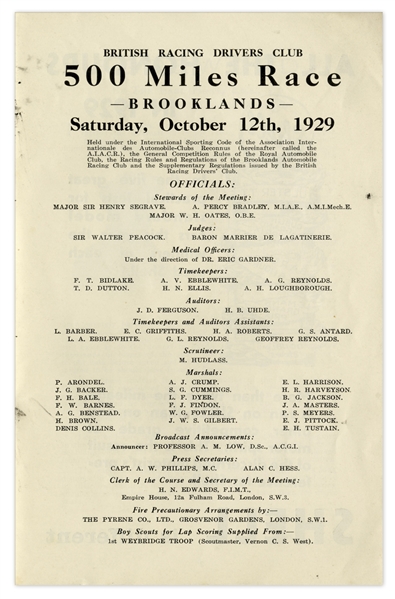 1929 Brooklands Race Program -- Inaugural Year of Race