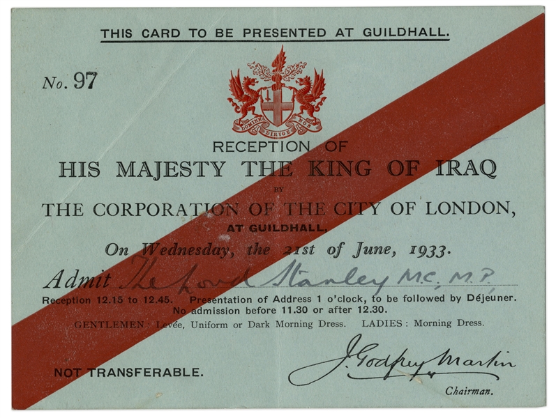 1933 British Reception Invitation for the King of Iraq -- Invitation Was Given to Lord Stanley