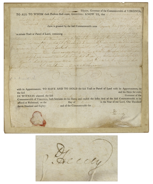 Patrick Henry Signed 1785 Land Grant as Governor of Virginia