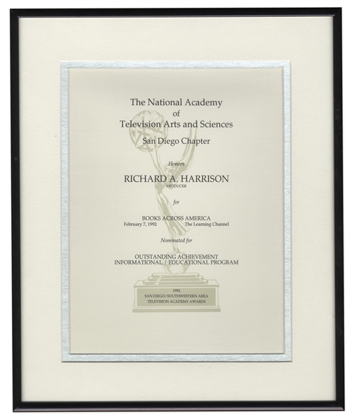 Emmy Nomination Certificate for The Learning Channel's ''Books Across America''