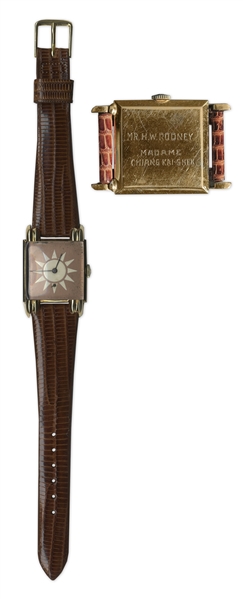 Madame Chiang Kai-Shek Owned 14k Gold Longines Watch -- With Her Engraving & Crest -- Gifted to Secret Service Agent Henry W. Rodney, Who Was Part of the Security Detail for Madame Kai-Shek