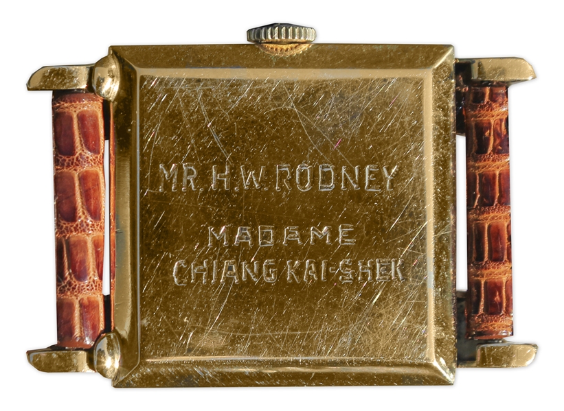 Madame Chiang Kai-Shek Owned 14k Gold Longines Watch -- With Her Engraving & Crest -- Gifted to Secret Service Agent Henry W. Rodney, Who Was Part of the Security Detail for Madame Kai-Shek