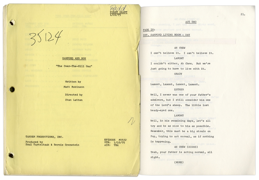 ''Sanford & Son'' Season 4, Episode 24, First Draft Script Owned & Annotated by Redd Foxx -- 40 Pages -- Very Good Condition -- From Redd Foxx Estate