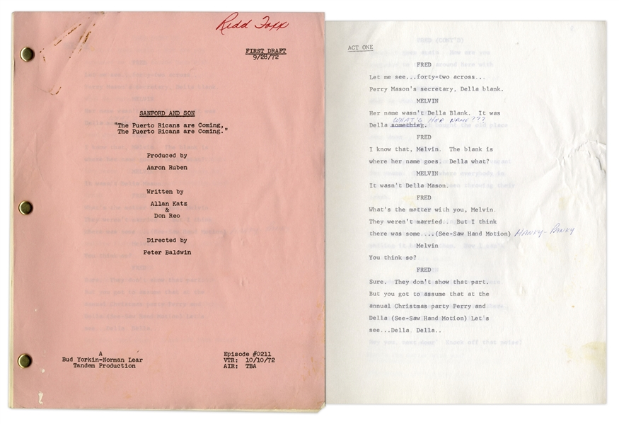 ''Sanford & Son'' Season 2, Episode 8, First Draft Script Owned & Annotated by Redd Foxx -- 36 Pages -- Very Good Condition -- From Redd Foxx Estate