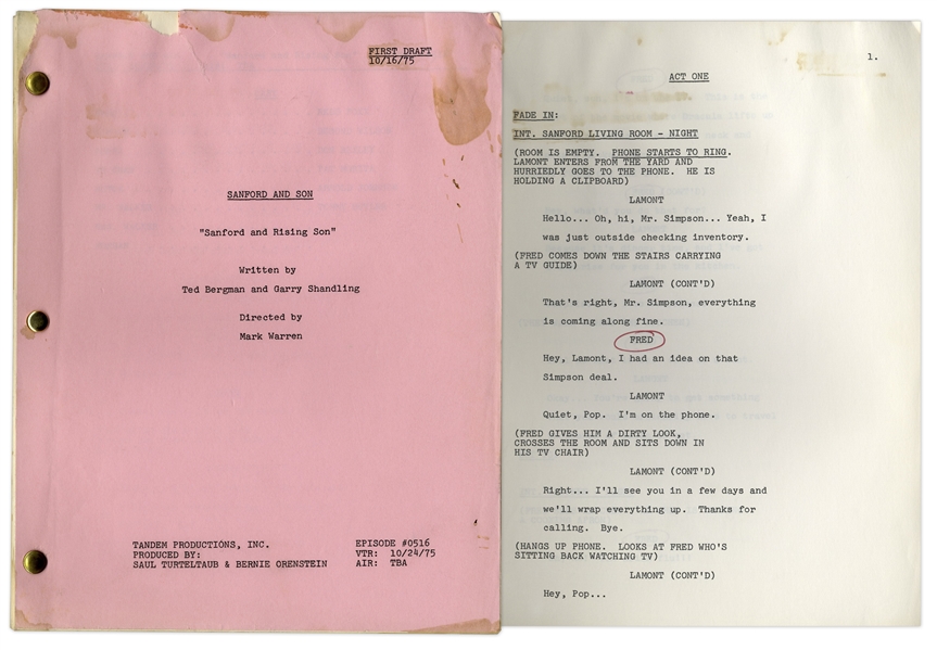 ''Sanford & Son'' Season 5, Episode 10, First Draft Script Owned & Annotated by Redd Foxx -- 38 Pages -- Very Good Condition -- From Redd Foxx Estate