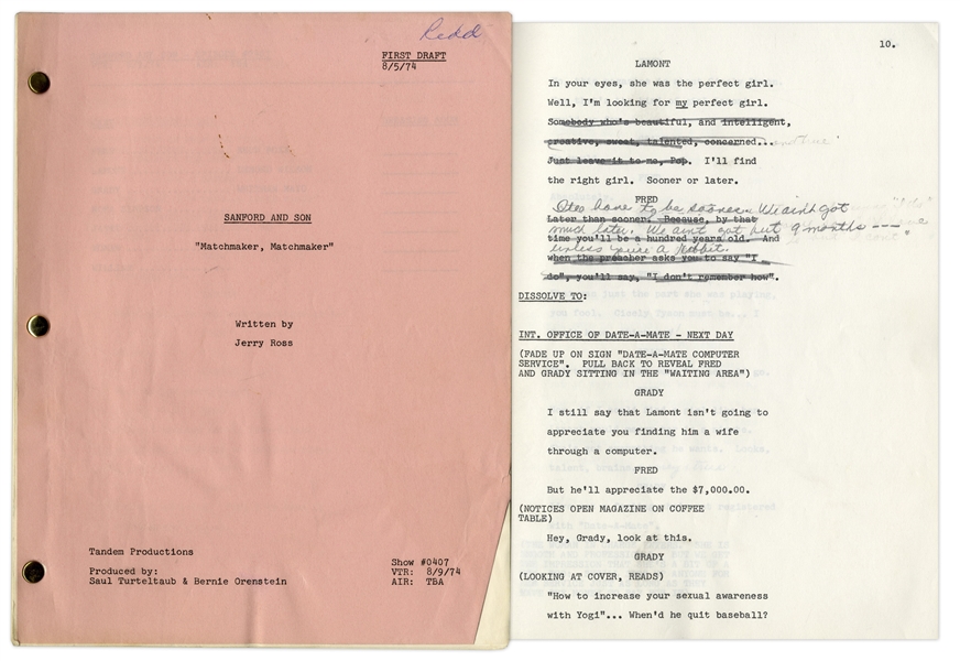 ''Sanford & Son'' Season 4, Episode 2, First Draft Script Owned & Annotated by Redd Foxx -- 39 Pages -- Very Good Condition -- From Redd Foxx Estate