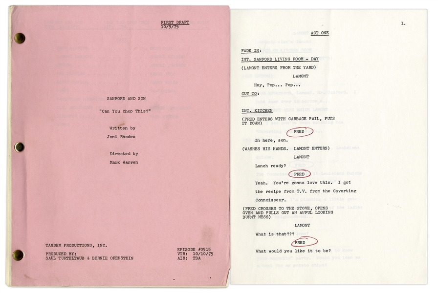 ''Sanford & Son'' Season 5, Episode 14, First Draft Script Owned & Annotated by Redd Foxx -- 37 Pages -- Very Good Condition -- From Redd Foxx Estate
