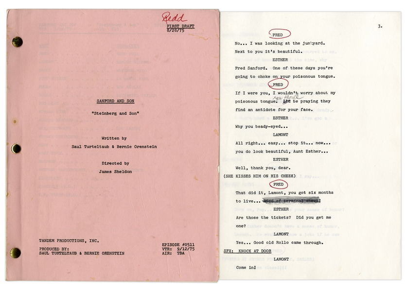 ''Sanford & Son'' Season 5, Episode 5, First Draft Script Owned & Annotated by Redd Foxx -- 40 Pages -- Very Good Condition -- From Redd Foxx Estate