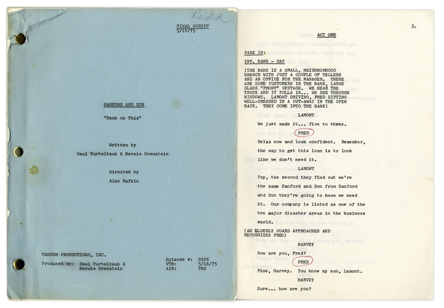 ''Sanford & Son'' Season 5, Episode 3, Final Draft Script Owned & Annotated by Redd Foxx -- 45 Pages -- Very Good Condition -- From Redd Foxx Estate