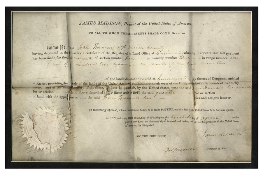 James Madison & James Monroe Signed 1812 Land Grant -- Madison Signs as President and Monroe Signs as Secretary of State