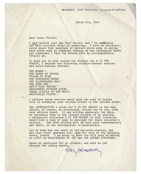 Ray Bradbury Original Typed Manuscripts for ''The Women'' and ''The Shape of Things'' -- Also With Letter Signed by Bradbury From 1964