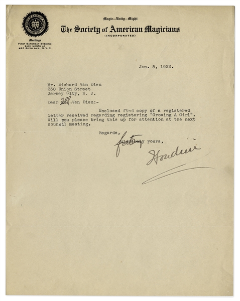 Harry Houdini Typed Letter Signed From 1922 -- Regarding a Magic Trick for ''Growing a Girl''