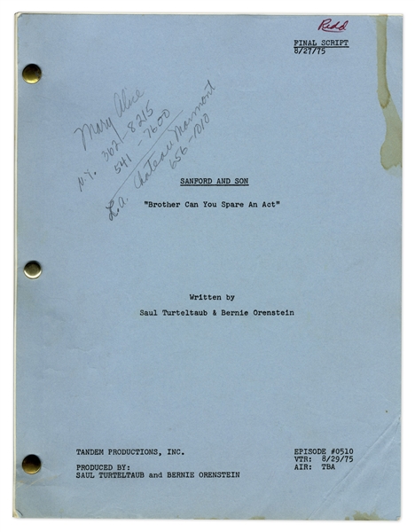 ''Sanford & Son'' Season 5, Episode 6 Final Draft Script Owned & Annotated by Redd Foxx -- 42 Pages -- Very Good Condition -- From Redd Foxx Estate
