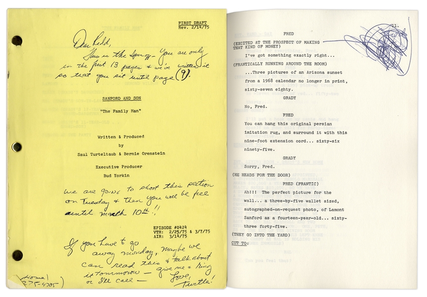 ''Sanford & Son'' Season 4, Episode 25, First Draft Script Owned by Redd Foxx -- With Signed Note From Writer Saul Turtletaub -- 43 Pages -- Very Good Condition -- From Redd Foxx Estate