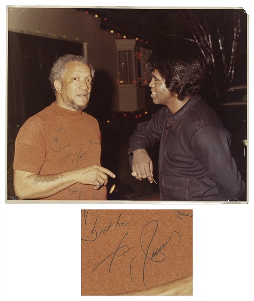James Brown Signed Photo to Redd Foxx -- Brown Writes ''This my brother / from James / Killem Red, you can'' -- 20'' x 16'' -- Chips to Corners, Very Good Condition -- From Redd Foxx Estate