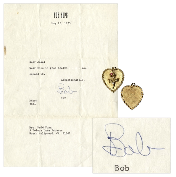 Bob Hope Heart Pendant Gifted to Redd Foxx's Wife -- Engraved ''TO JEAN / XMAS 1972 / BOB HOPE'' -- With Letter Signed by Hope -- 1.5'' x 1.5'' -- Very Good -- From Redd Foxx Estate