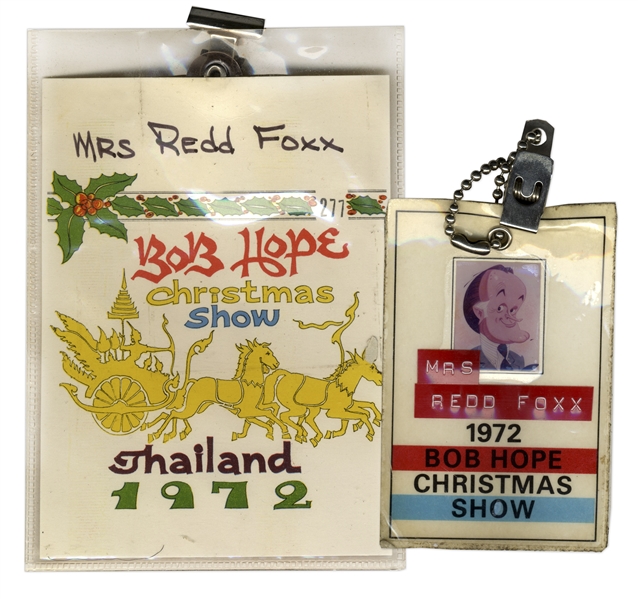 1972 Bob Hope Christmas Show ID Badges for Mrs. Redd Foxx -- From Hope's 9th and Final Overseas USO Tour -- 2.5'' x 3.75'' and 4'' x 5.75'' -- Very Good Condition -- From Redd Foxx Estate
