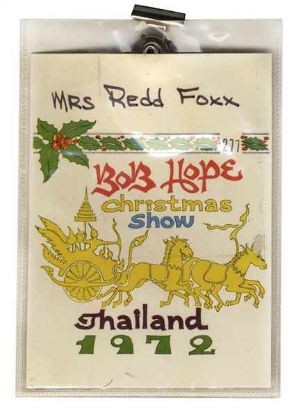 1972 Bob Hope Christmas Show ID Badges for Mrs. Redd Foxx -- From Hope's 9th and Final Overseas USO Tour -- 2.5'' x 3.75'' and 4'' x 5.75'' -- Very Good Condition -- From Redd Foxx Estate