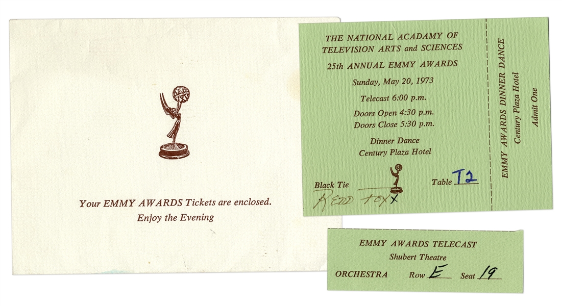 Redd Foxx of ''Sanford & Son'' Ticket Stub to 1973 Emmys & Full Ticket to Dinner Dance, With Envelope -- Full Ticket Measures 4'' x 3'' -- Very Good Condition -- From Redd Foxx Estate