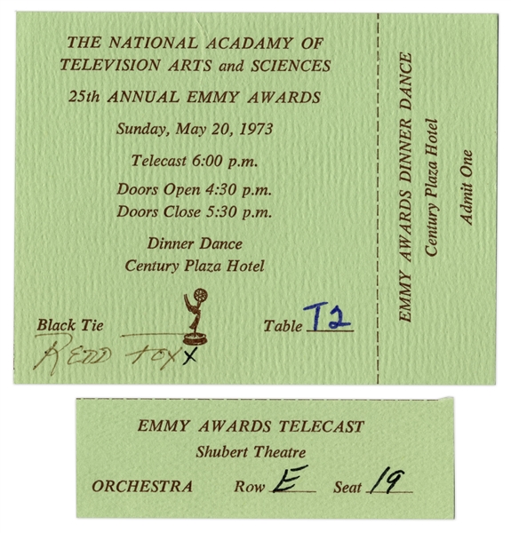 Redd Foxx of ''Sanford & Son'' Ticket Stub to 1973 Emmys & Full Ticket to Dinner Dance, With Envelope -- Full Ticket Measures 4'' x 3'' -- Very Good Condition -- From Redd Foxx Estate