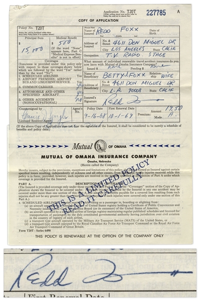 Redd Foxx of ''Sanford & Son'' Signed Travel Insurance Policy From 1968 -- 2 Pages, 8.5'' x 11'' -- Very Good Condition -- From Redd Foxx Estate