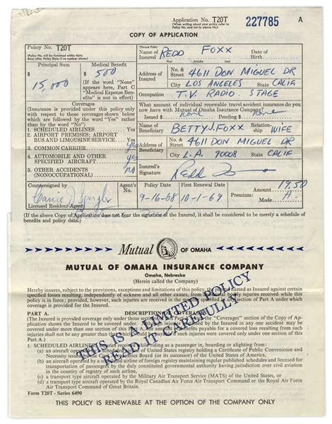 Redd Foxx of ''Sanford & Son'' Signed Travel Insurance Policy From 1968 -- 2 Pages, 8.5'' x 11'' -- Very Good Condition -- From Redd Foxx Estate